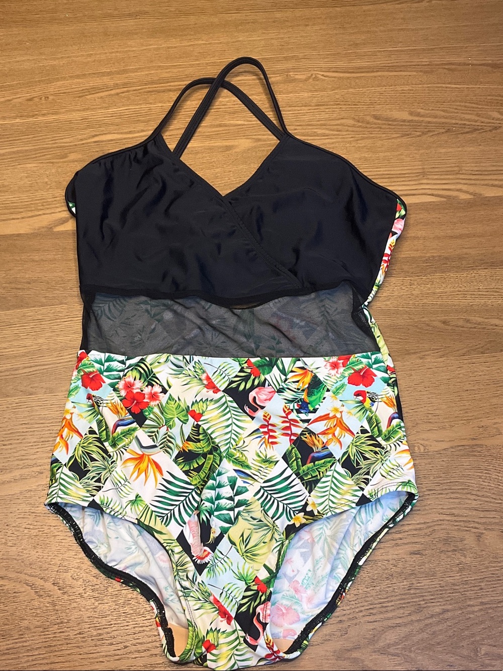 Black & Tropical Floral leotard with Sheer Waist